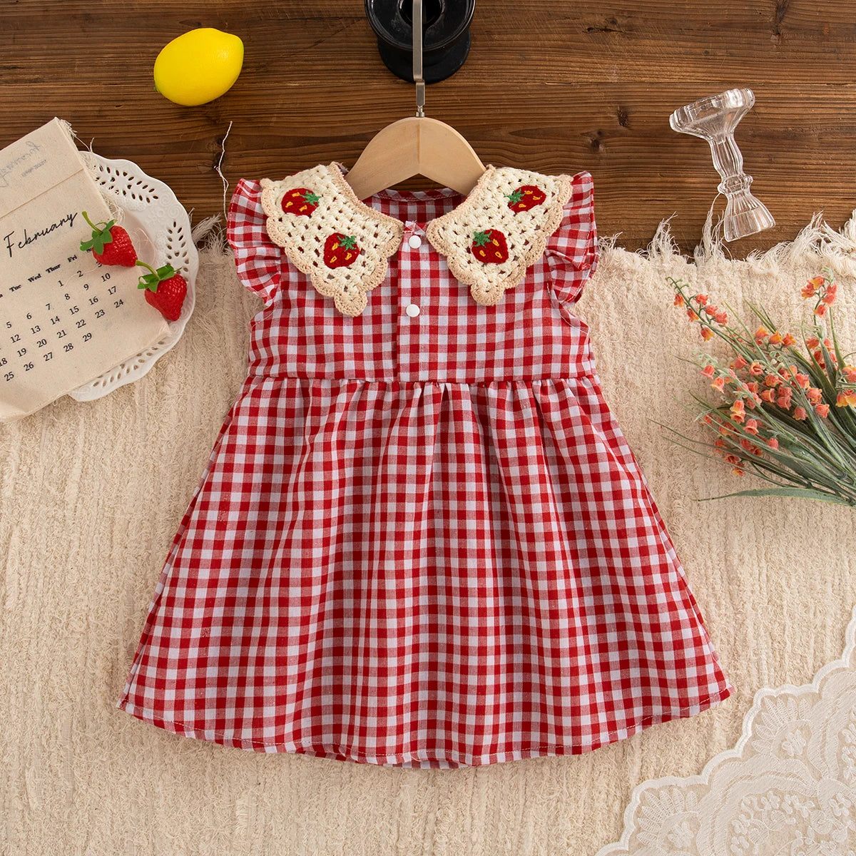 Checkered Dress with Strawberry Crochet Collar
