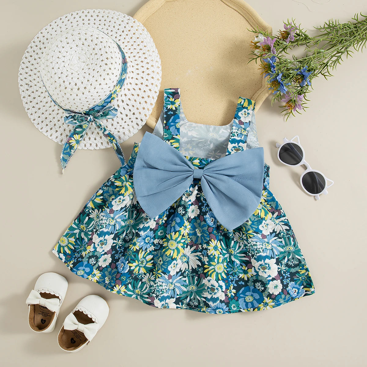 Floral Print Bow & Hat Princess Dress Set