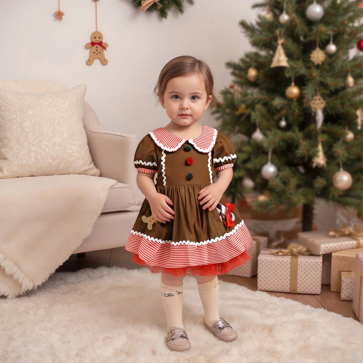 Toddler Girl's Christmas Gingerbread Man Collar Dress
