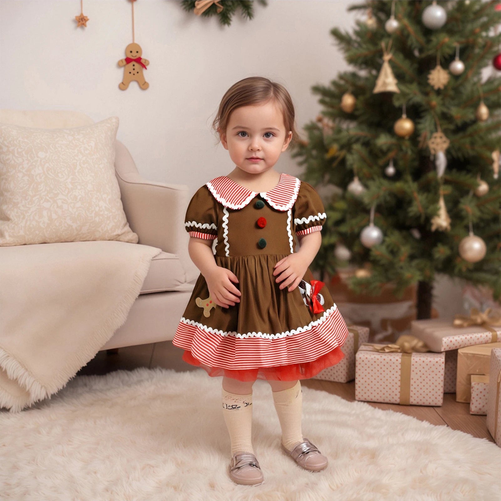 Toddler Girl's Christmas Gingerbread Man Collar Dress