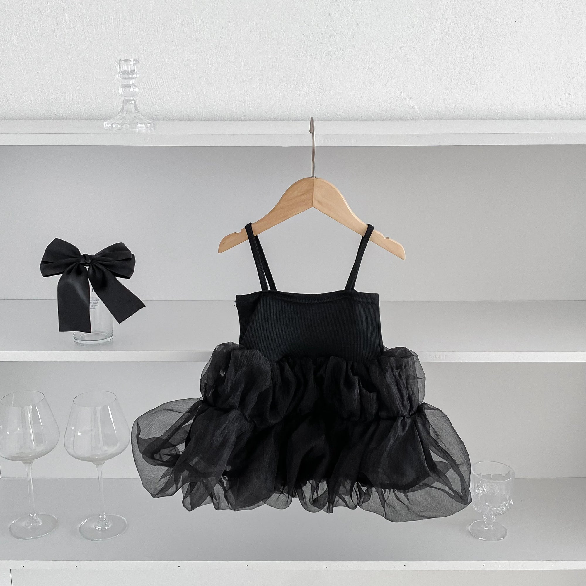 Black Puff Ball Mesh Sling Dress