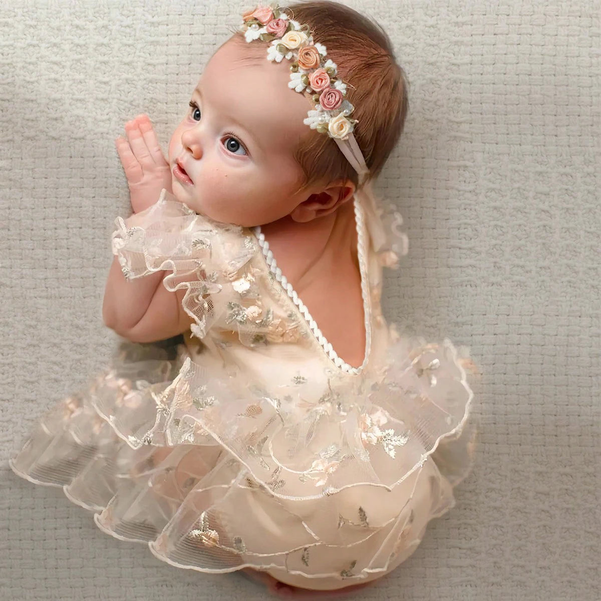 Newborn Daisy Embroidered Romper- Baby Girl Mesh Photo Outfit