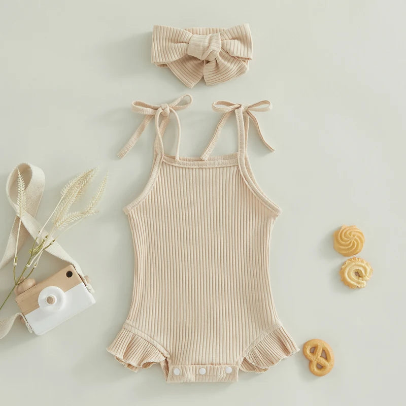 Baby Girl Ribbed Knit Tie-Up Strap Ruffle Romper & Headband Set