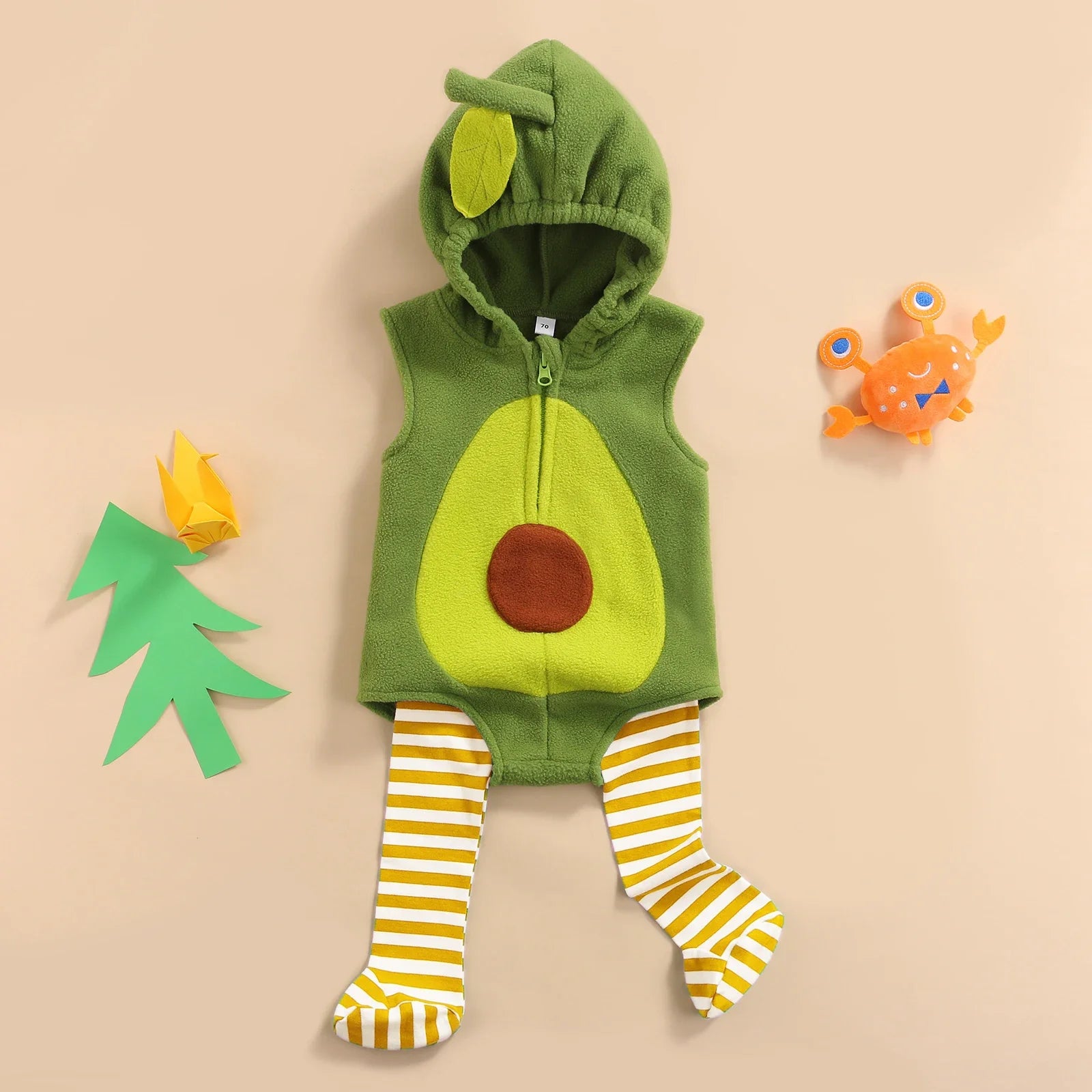 Baby Unisex Avocado Hooded Zipper Flannel Romper & Striped Stockings