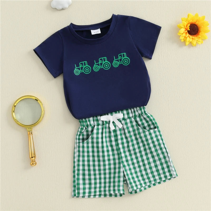 Toddler Boy Tractor Print T-Shirt & Green Plaid Shorts 2-Piece Summer Outfit