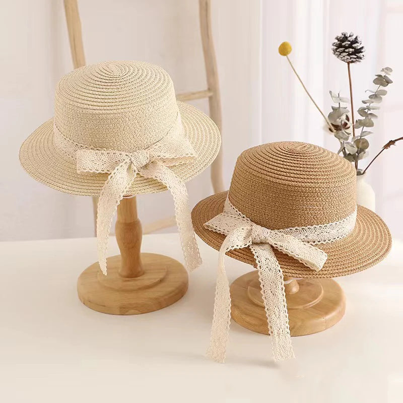 Adjustable Lace Bow Straw Sun Hat for Girls