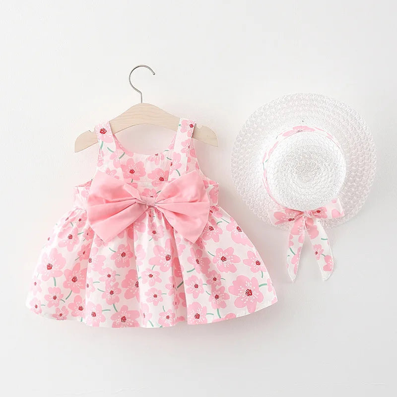 Floral Sling Dress & Gift Hat Set for Baby Girls