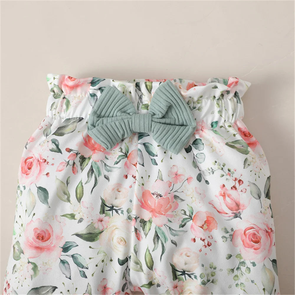 Long Sleeve Romper, Floral Pants and Headband Set