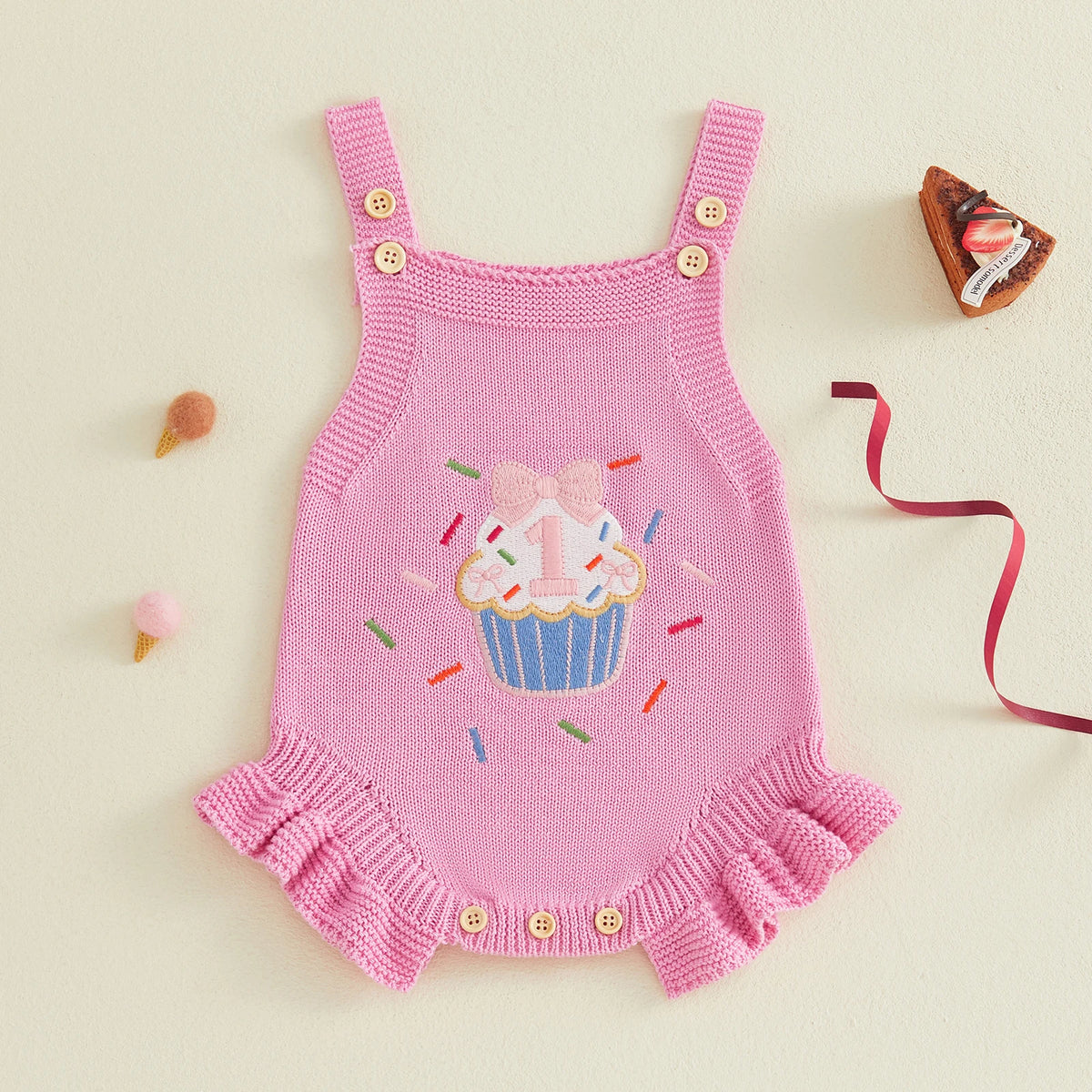 Baby Girl 1st Birthday Knit Bodysuit Embroidery Cupcake 6–18M