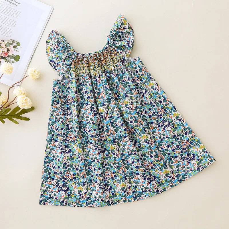 Girls' Summer Smocked Floral Dress with Ruffle Sleeves