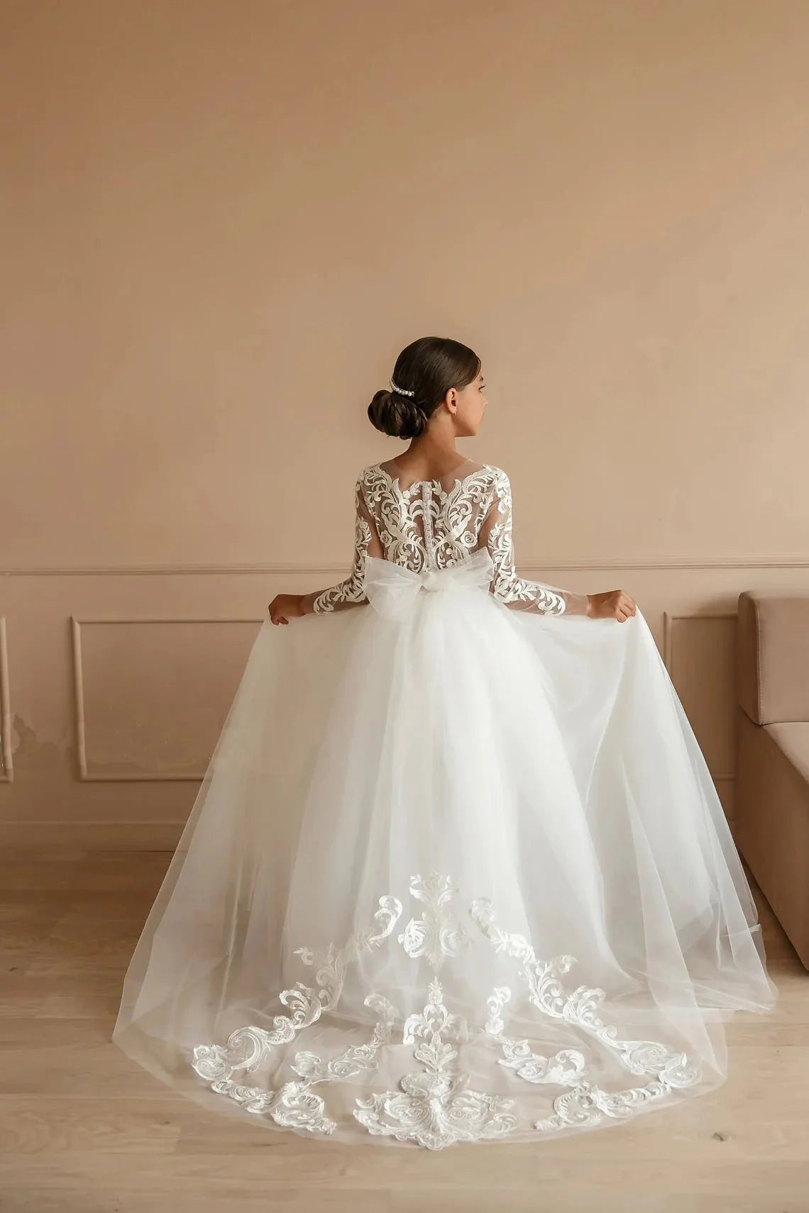 Girls White Lace Communion Dress