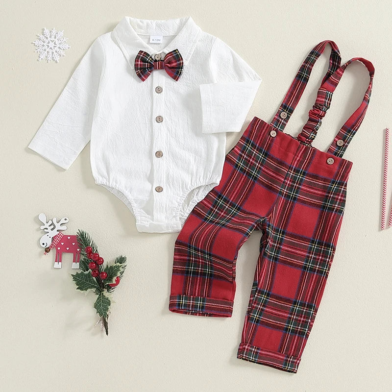 Baby Boy Gentleman Romper Set with Plaid Suspender Pants & Bow Tie