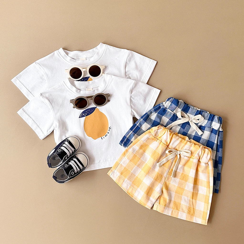 Lemon Print T-Shirt and Checkered Shorts Set