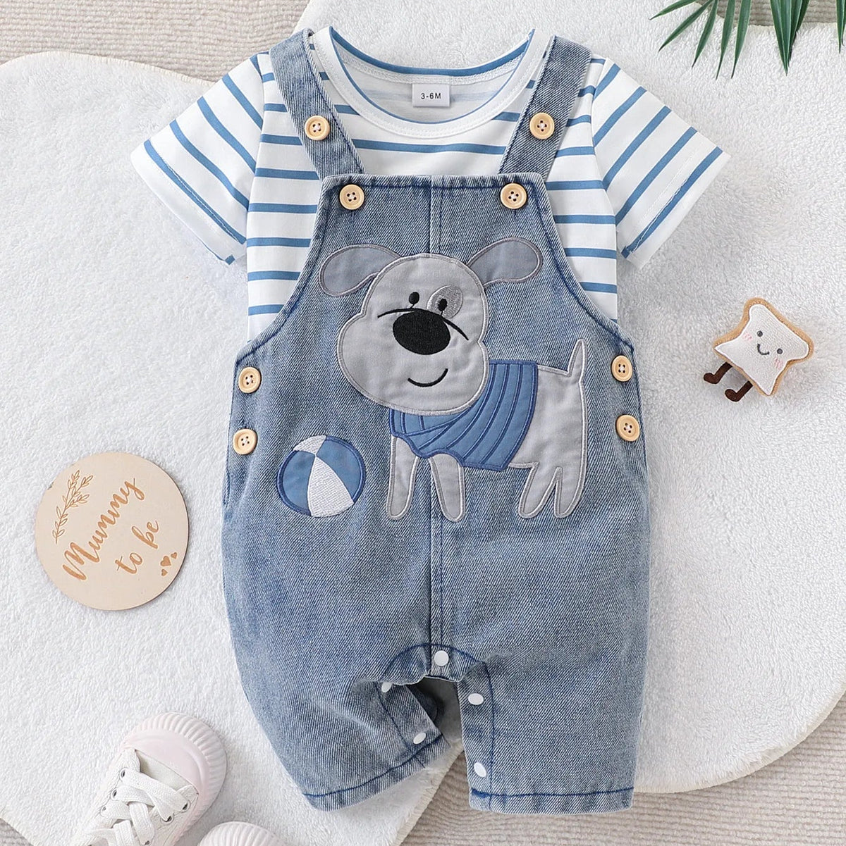 Baby Boy Striped T-Shirt & Bear Overall Set