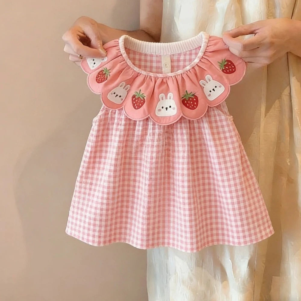 Baby Girl Rabbit Strawberry Floral Plaid Dress | Birthday Party Summer Dress