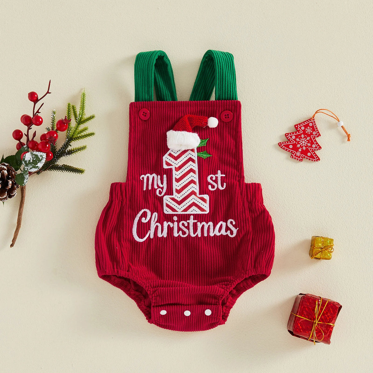 Baby Christmas Embroidered Suspender Bodysuit