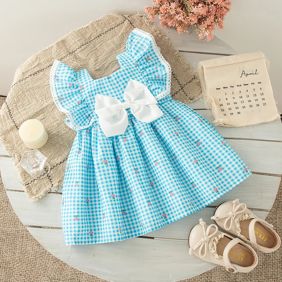 Baby Girl Blue Checkered Sleeveless Dress with Flower Bow Detail