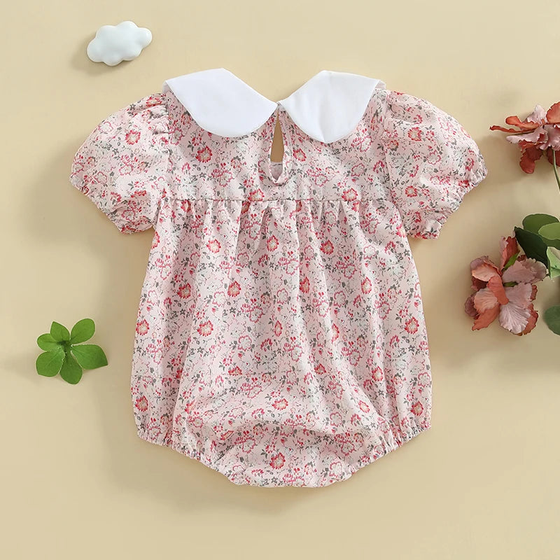 Baby Girl Floral Smocked Doll Collar Puff Sleeve Romper