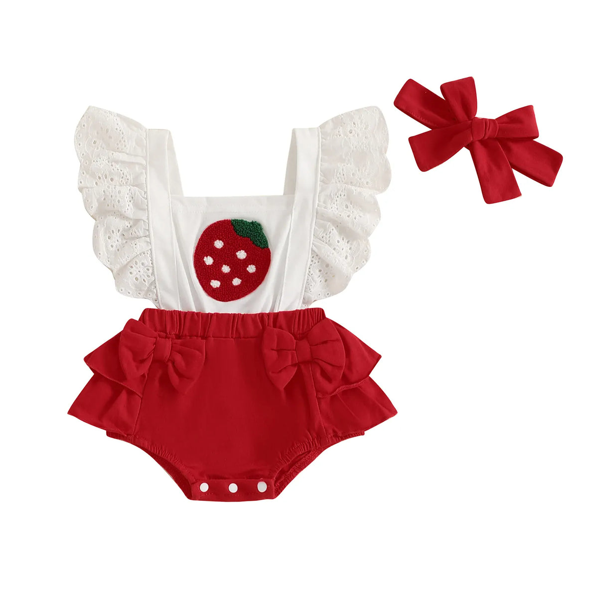 Strawberry Red / 0-3M Baby Girl Puff Sleeve Romper Dress &amp; Headband Set
