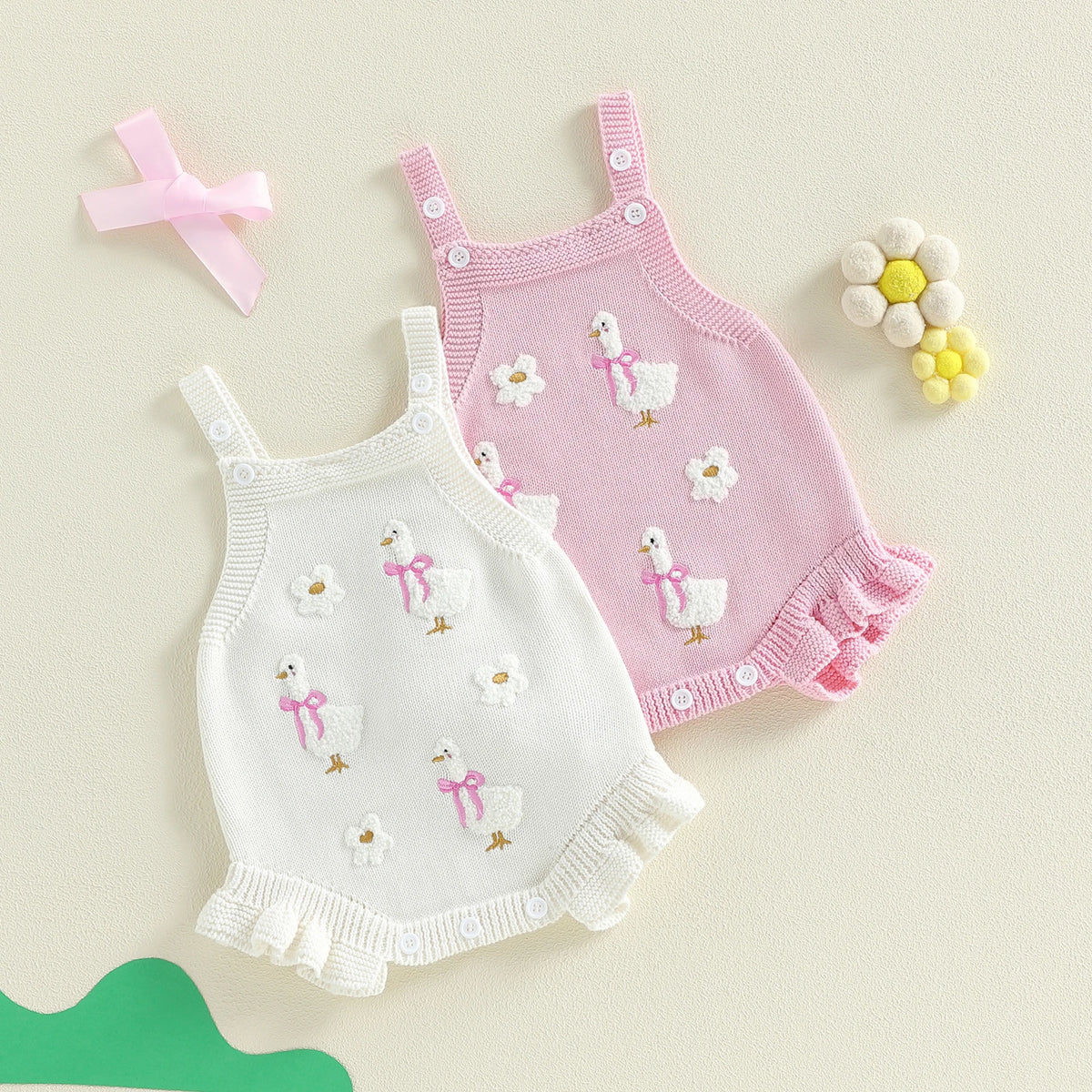 Baby Girl Sleeveless Duck & Flower Knit Overall Bodysuit