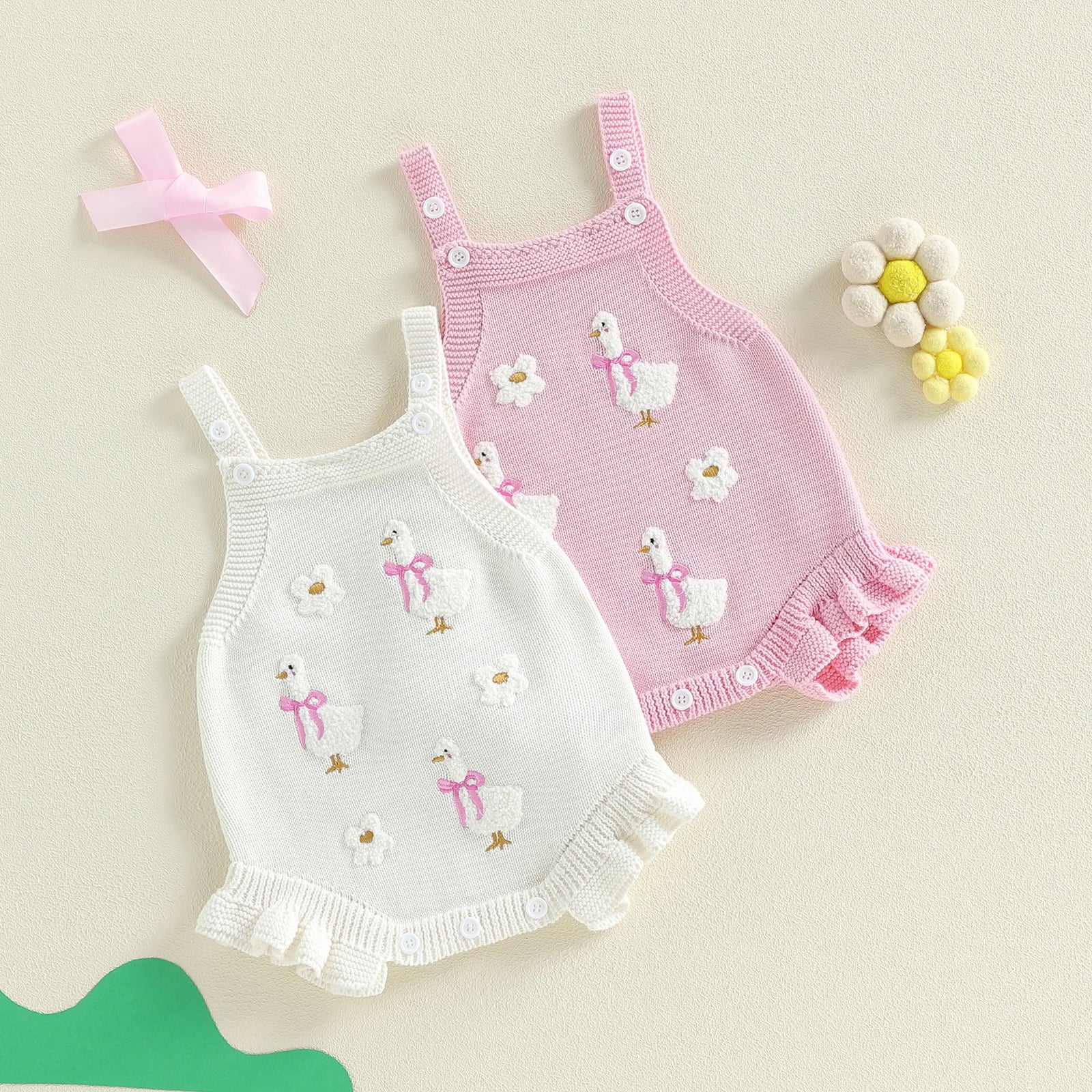 Baby Girl Sleeveless Duck & Flower Knit Overall Bodysuit