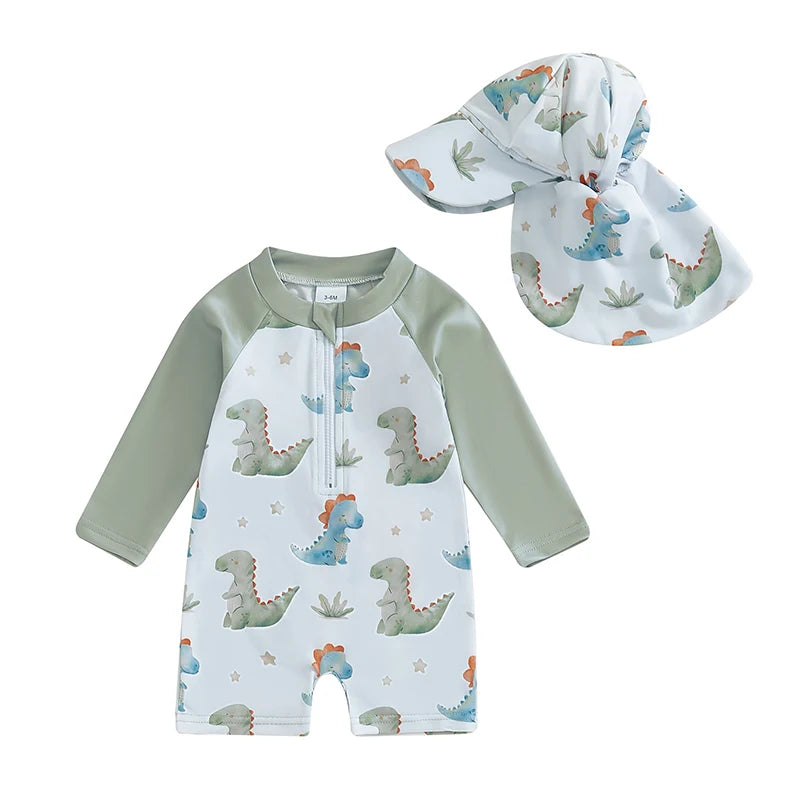 2-Piece Toddler Boys' Long Sleeve Rash Guard & Swim Cap Set