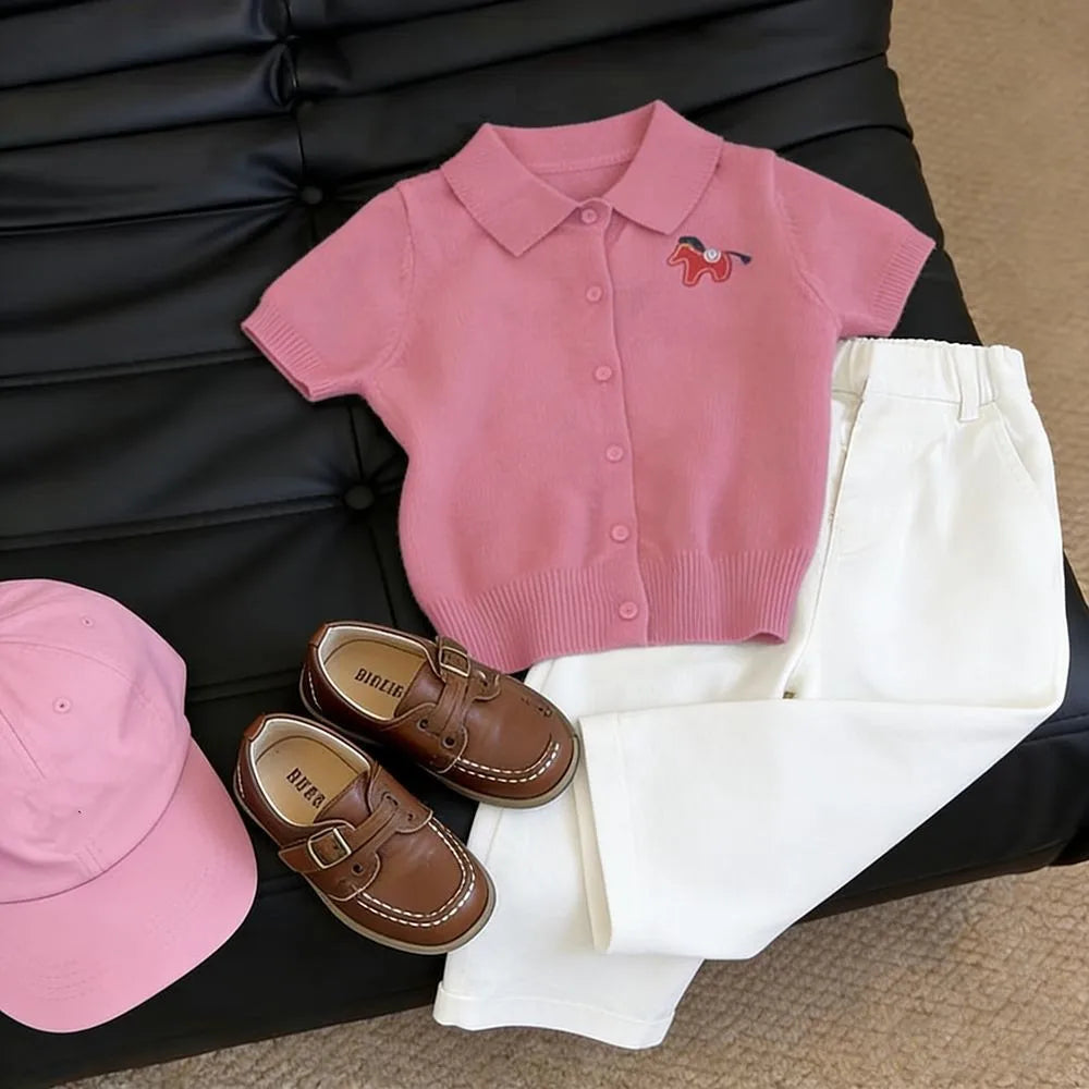 Children's Short Sleeve Knit POLO Shirt Casual Pants Two-Piece Set