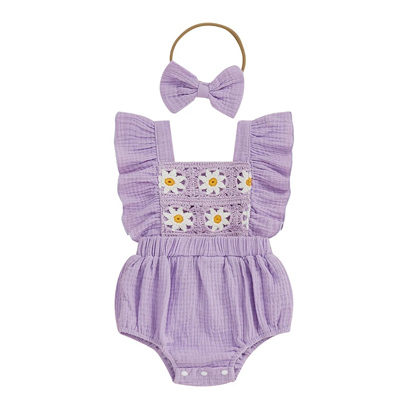 Baby Girl Crochet Flower Smocked Ruffle Romper & Headband Set