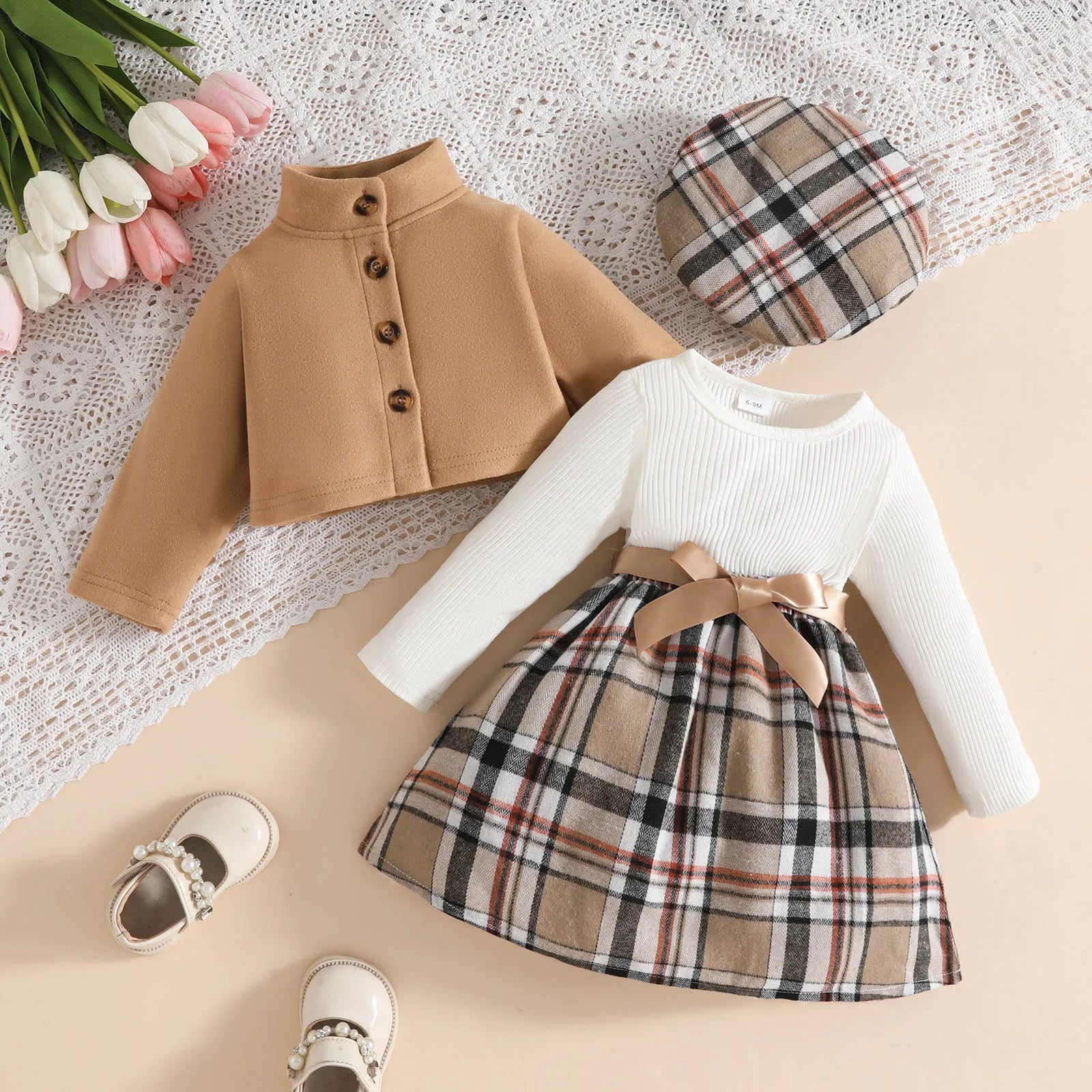 Girl 3-Piece Ruffle Plaid Skirt & Jacket Outfit