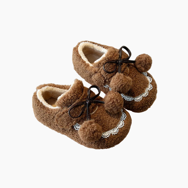 Girls' Fluffy Winter Flats with Pompoms
