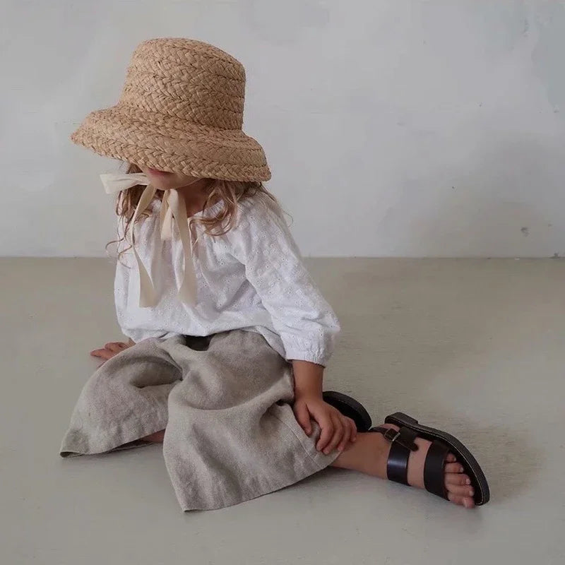 Classic Hepburn-Style Straw Sun Hat for Girls