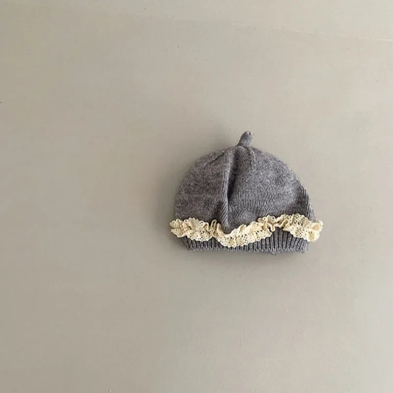 Baby Girl Lace Ruffle Knit Beret Soft Cotton Hat