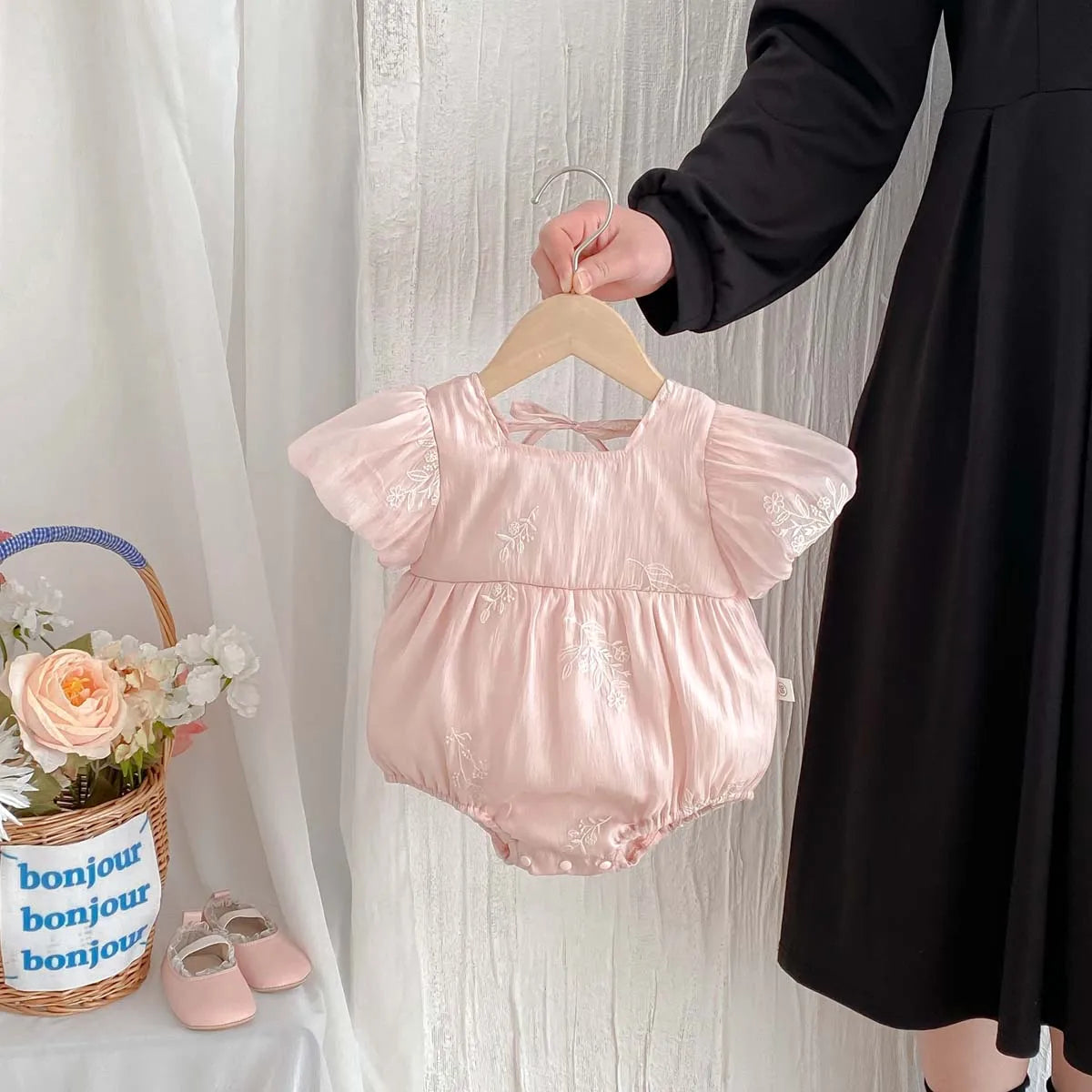 Baby Girl Embroidered Cotton Bubble Sleeve Princess Romper