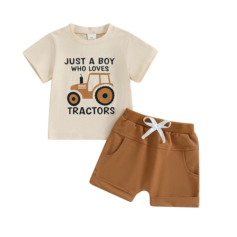 Toddler Boy's Tractor Print T-Shirt & Shorts Outfit