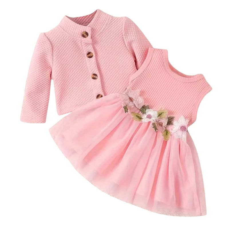 Baby Girl Fall Outfit - Floral Tulle Dress & Cardigan Set