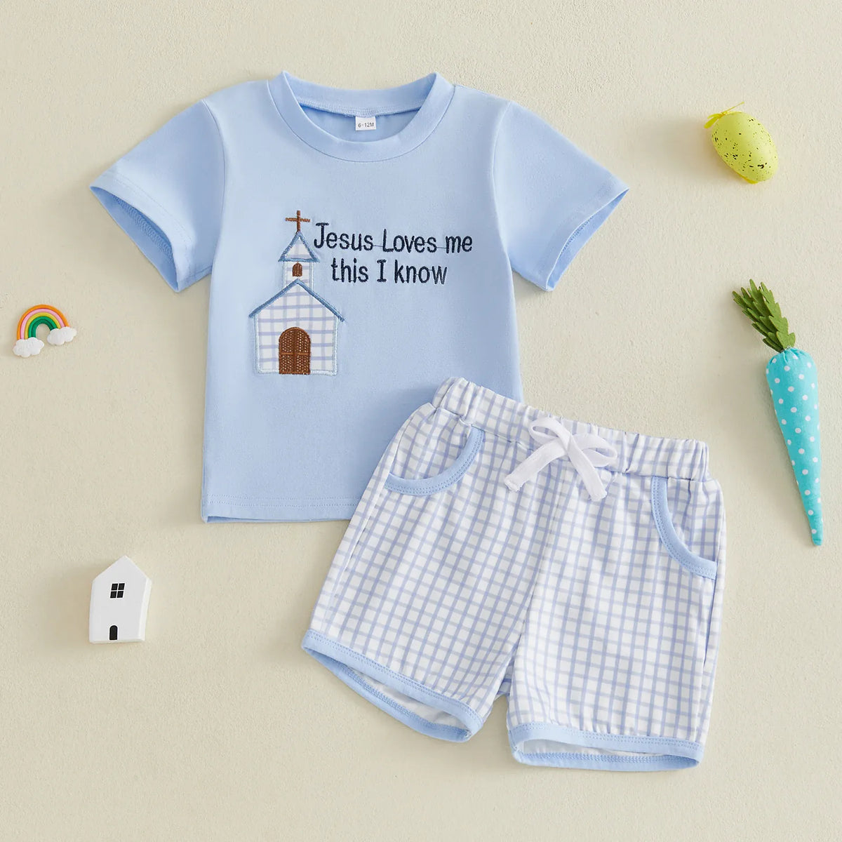 Boys Easter Church Embroidery T-Shirt & Plaid Shorts 2-Piece Set