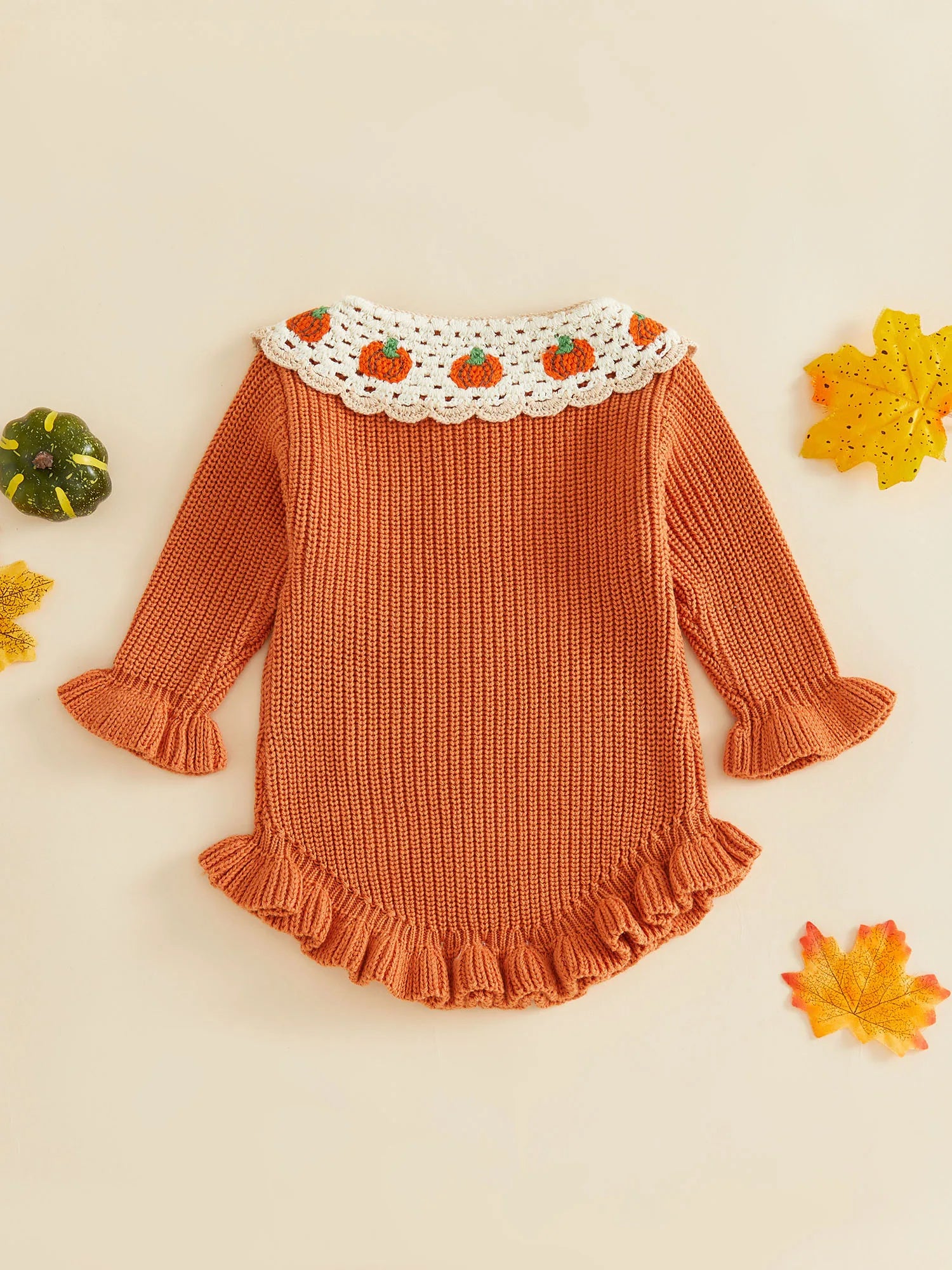 Baby Girl Pumpkin Embroidered Knit Romper