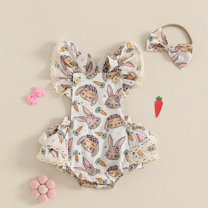 2-Piece Easter Rabbit Print Romper & Headband Set