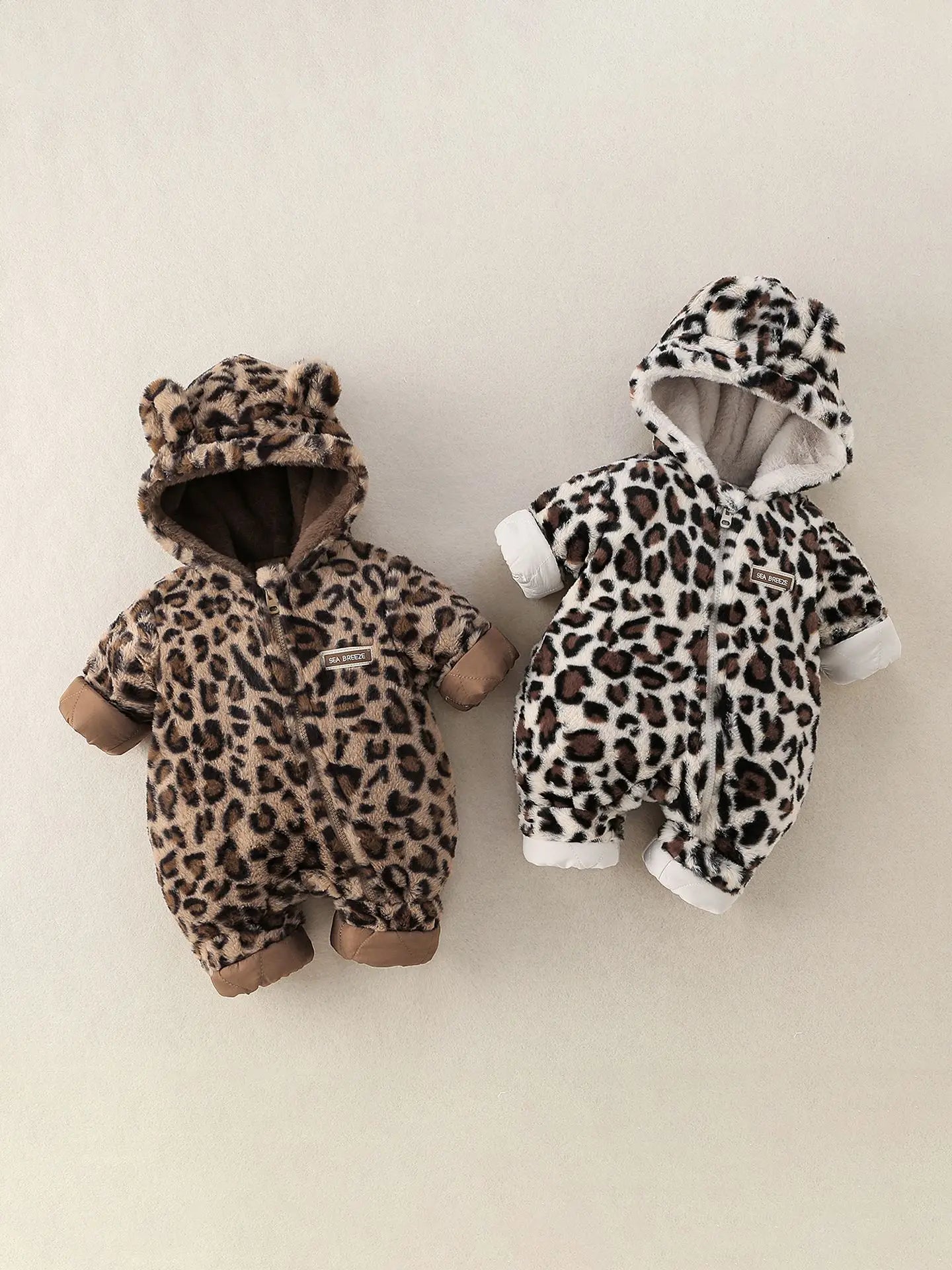 Baby Winter Hooded Romper with Fur Lining Leopard Print