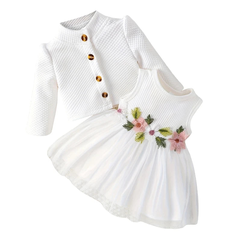 Baby Girl Fall Outfit - Floral Tulle Dress & Cardigan Set