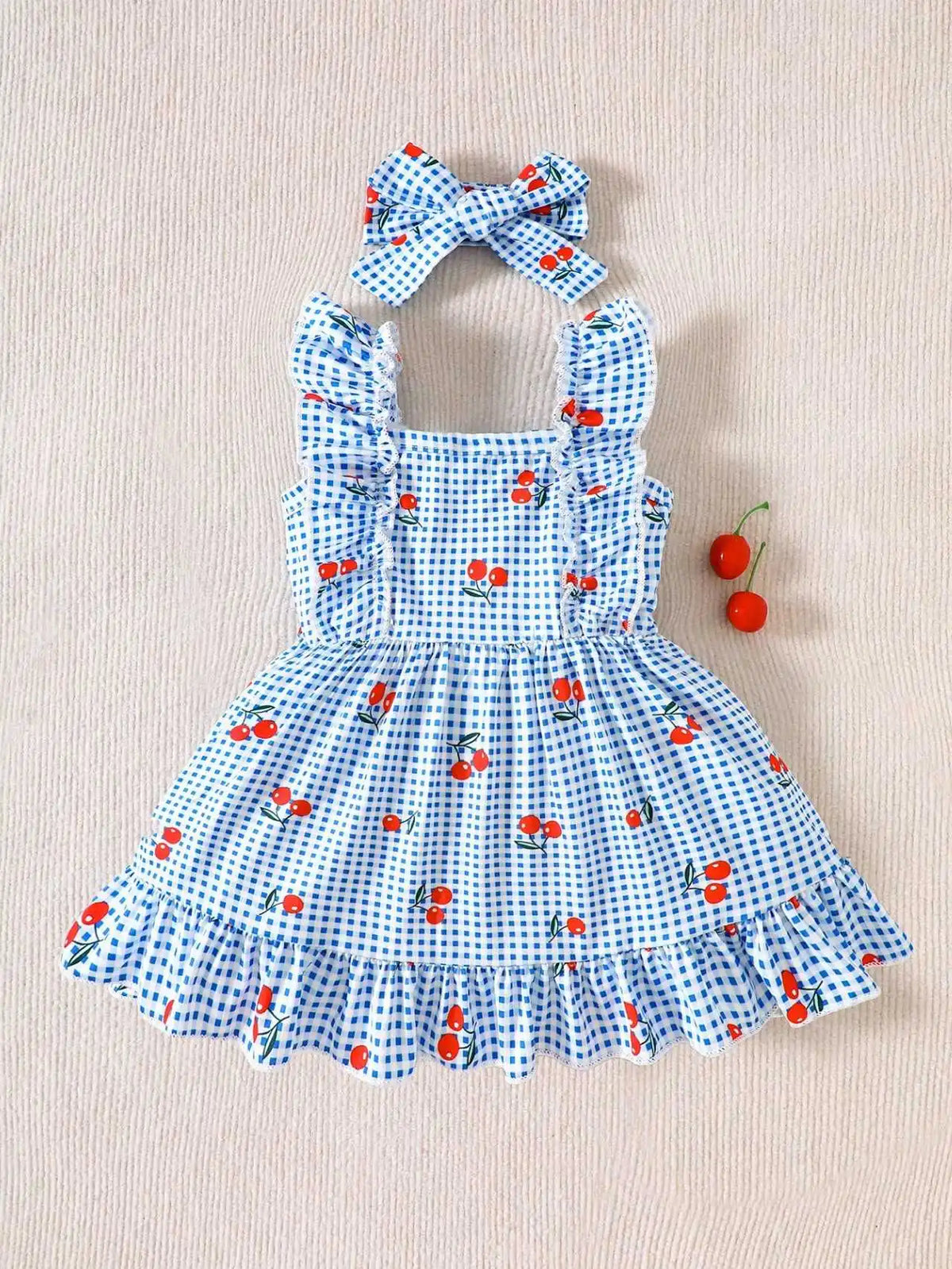 Baby Girl Cherry Plaid Ruffle Dress & Bow Headband 2-Piece Set