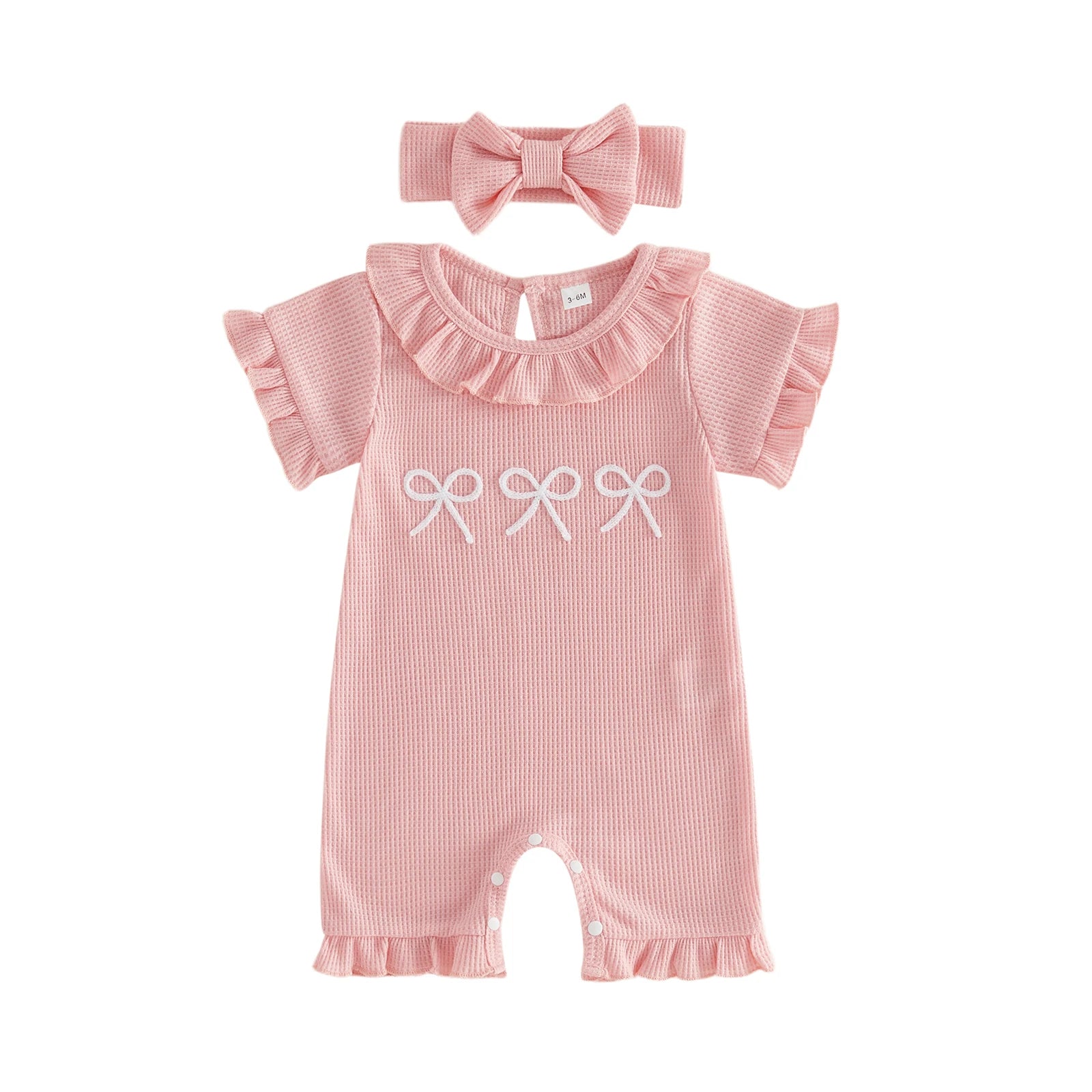 Baby Girl Ruffle Bow Embroidery Cotton Romper & Headband Set
