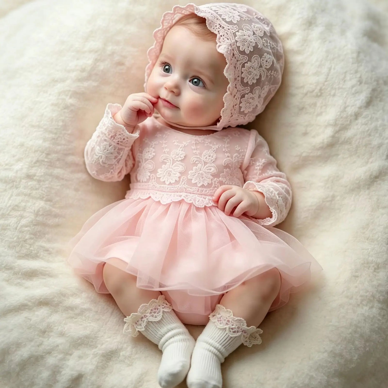 Newborn Princess Lace Tulle Dress with Hat- White Christening Gown