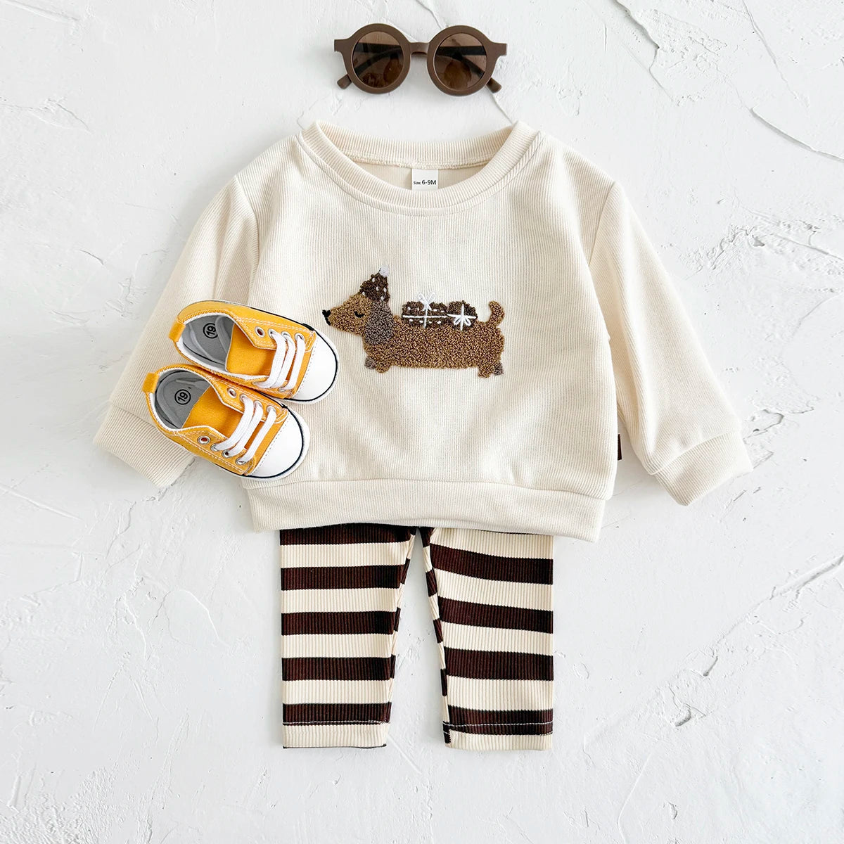 2Pcs Long Sleeve Puppy Top and Striped Pants