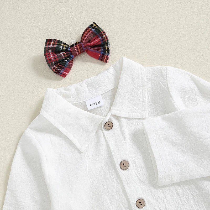 Baby Boy Gentleman Romper Set with Plaid Suspender Pants & Bow Tie
