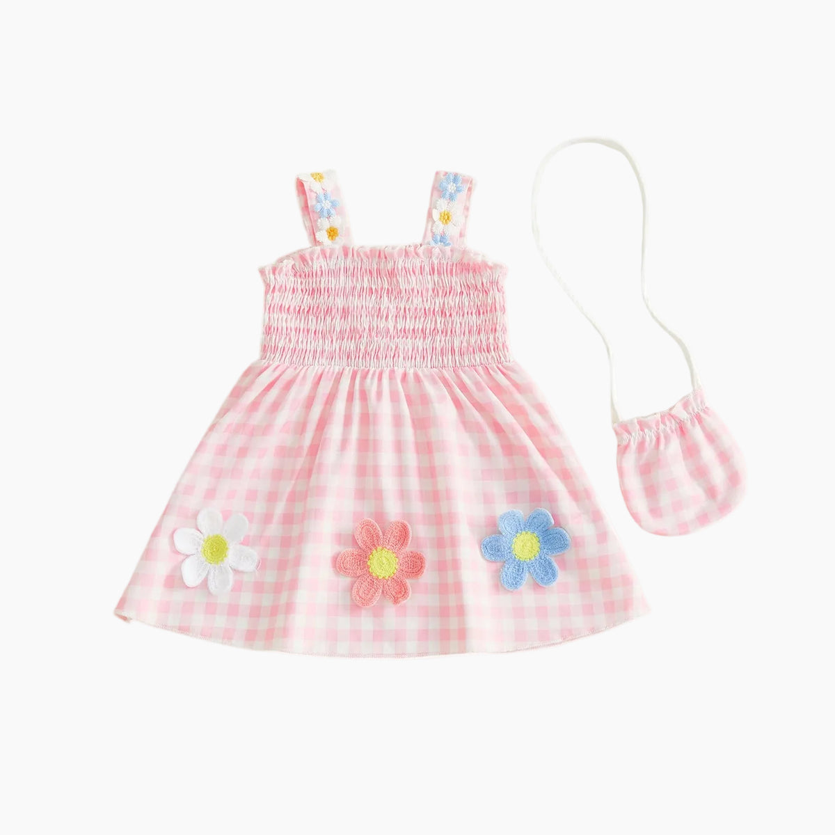 Flower Applique Plaid Dress with Matching Bag Set