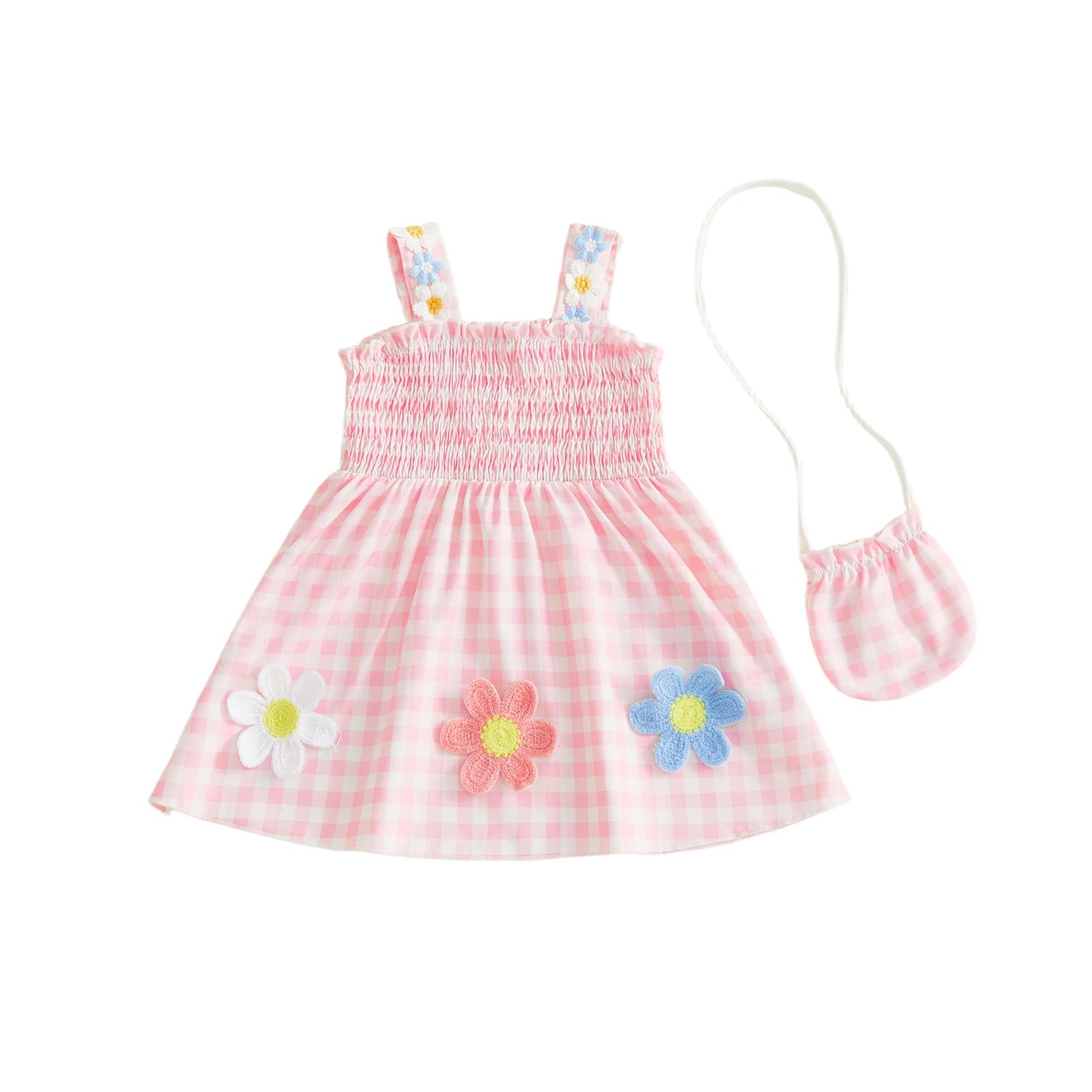 Flower Applique Plaid Dress with Matching Bag Set