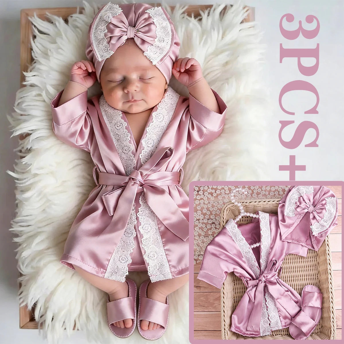 Newborn Lace Bathrobe Photo Set for Baby Girls - Robe, Turban Hat and Slippers