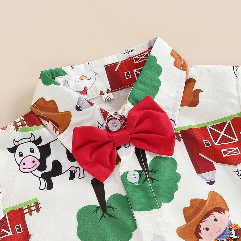Boys Farm Circus Print 2-Piece Outfit Set with Bow Tie