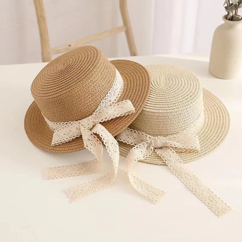 Adjustable Lace Bow Straw Sun Hat for Girls